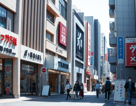 Shoppers walking along a retail street in Tokyo, Japan, with department stores and shops visible.