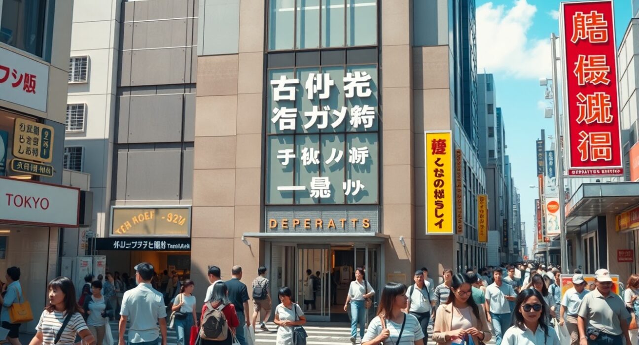 Busy shopping street in Tokyo with crowds of shoppers and department stores on a sunny May day