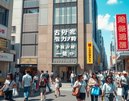 Busy shopping street in Tokyo with crowds of shoppers and department stores on a sunny May day