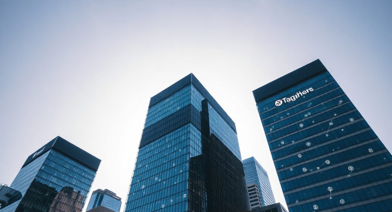 Three modern bank headquarters in Tokyo financial district with digital currency symbols integrated into glass facades.