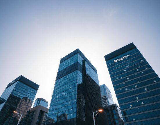 Three modern bank headquarters in Tokyo financial district with digital currency symbols integrated into glass facades.
