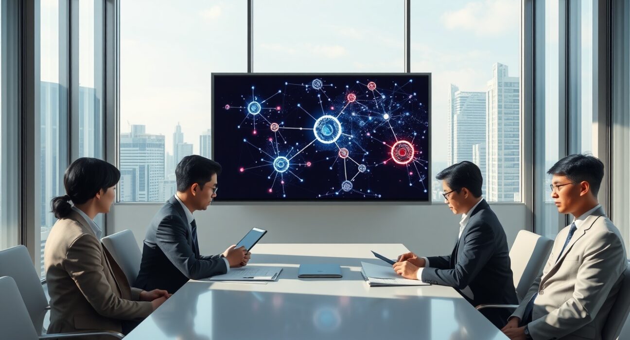 Japanese officials reviewing a digital financial network map with AI and blockchain elements in a Tokyo boardroom.