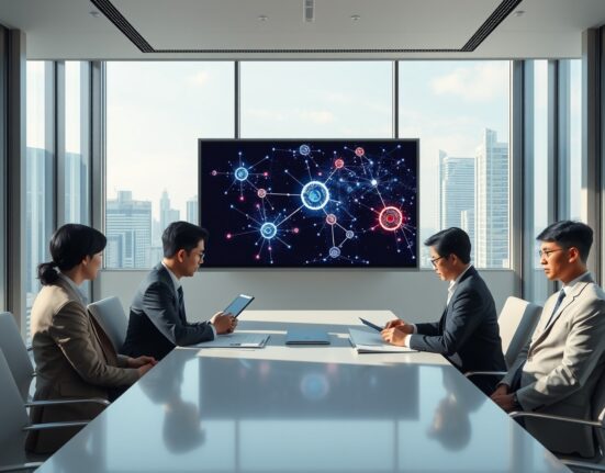 Japanese officials reviewing a digital financial network map with AI and blockchain elements in a Tokyo boardroom.
