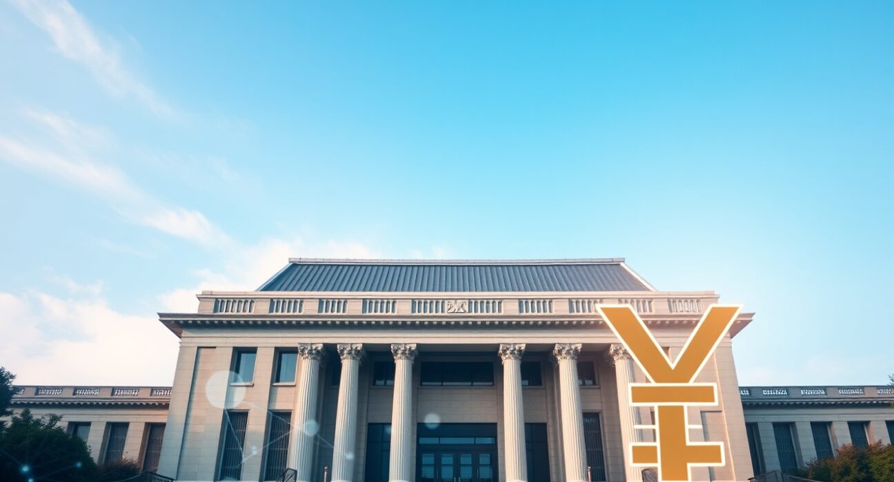 Japanese National Diet Building with digital blockchain and yen symbol overlay representing stablecoin policy