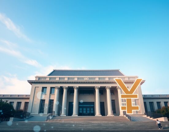 Japanese National Diet Building with digital blockchain and yen symbol overlay representing stablecoin policy