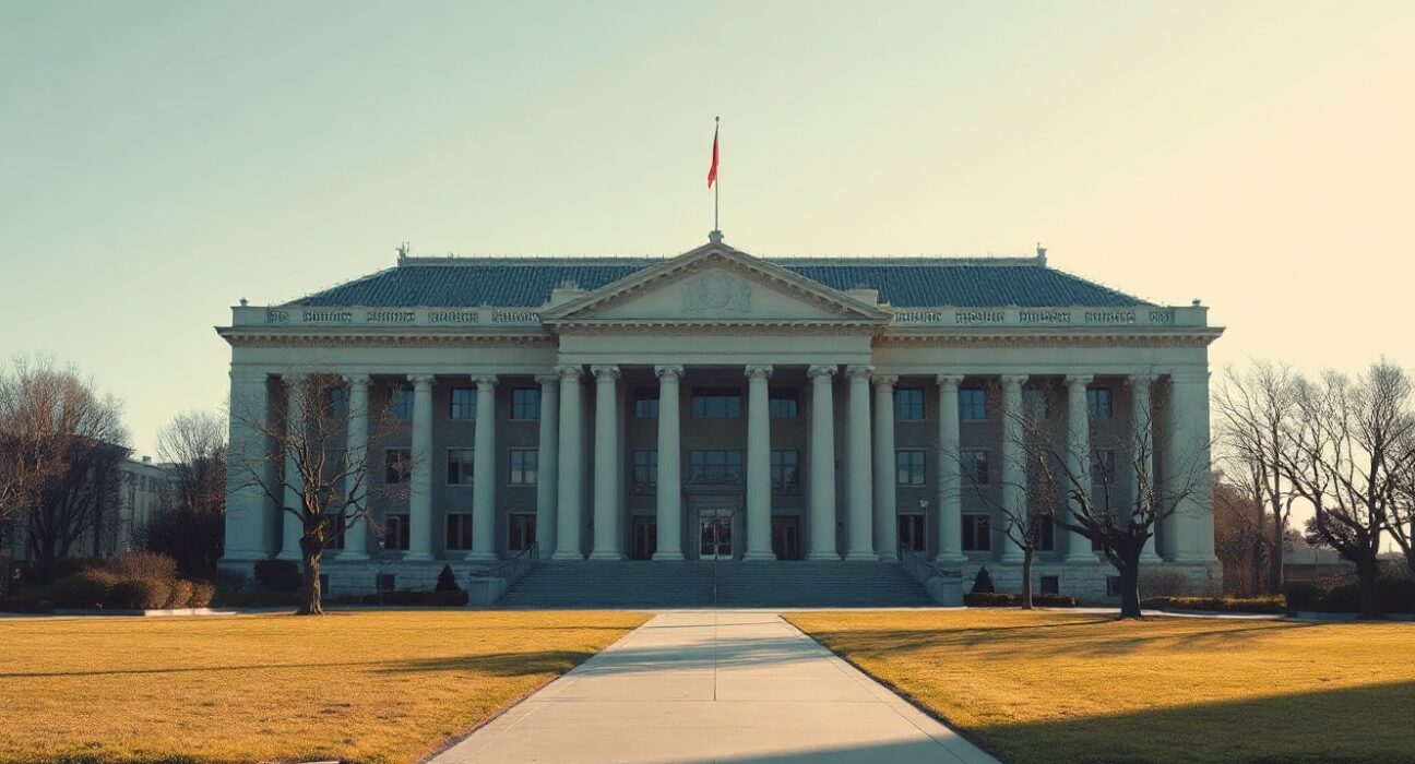 Japanese National Diet Building with digital blockchain overlay representing crypto policy reform.