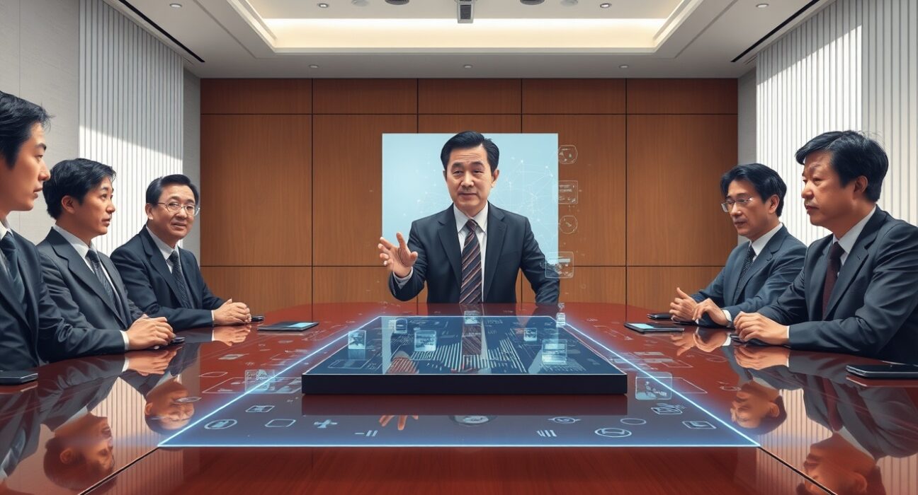 Japanese LDP officials discuss on-chain finance policy in a Tokyo meeting room.