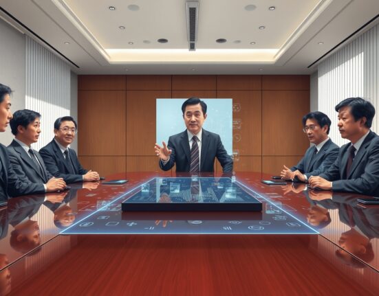 Japanese LDP officials discuss on-chain finance policy in a Tokyo meeting room.