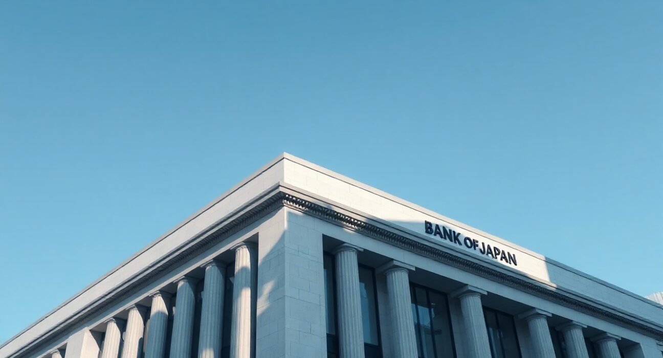 Bank of Japan headquarters in Tokyo, with the building's facade in focus under a clear sky.