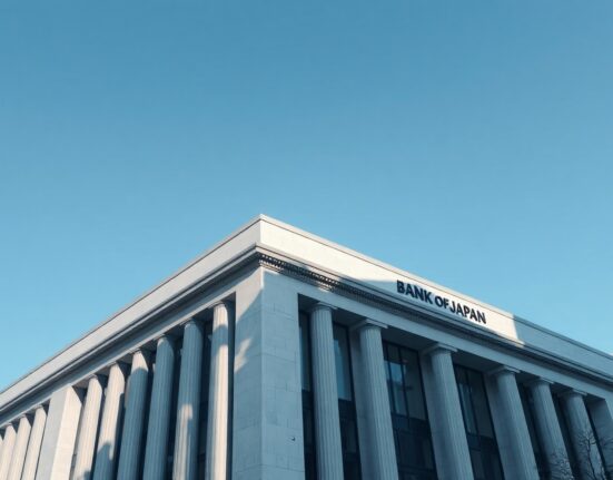 Bank of Japan headquarters in Tokyo, with the building's facade in focus under a clear sky.