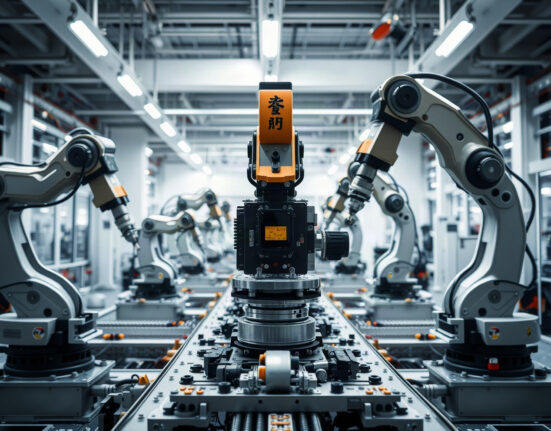 Robotic arms on a factory floor in Japan assembling machinery, symbolizing strong capital spending.