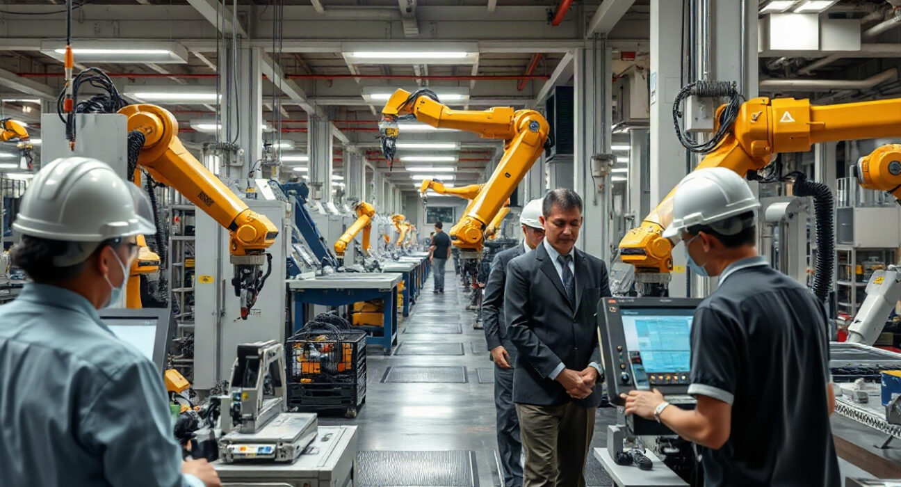 Interior of a modern Japanese factory with automated machinery and workers