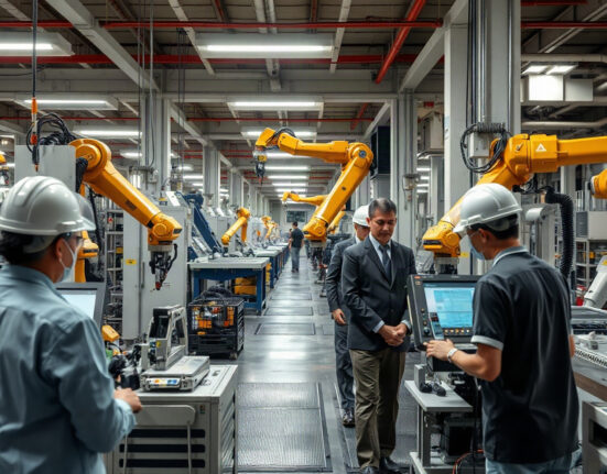 Interior of a modern Japanese factory with automated machinery and workers