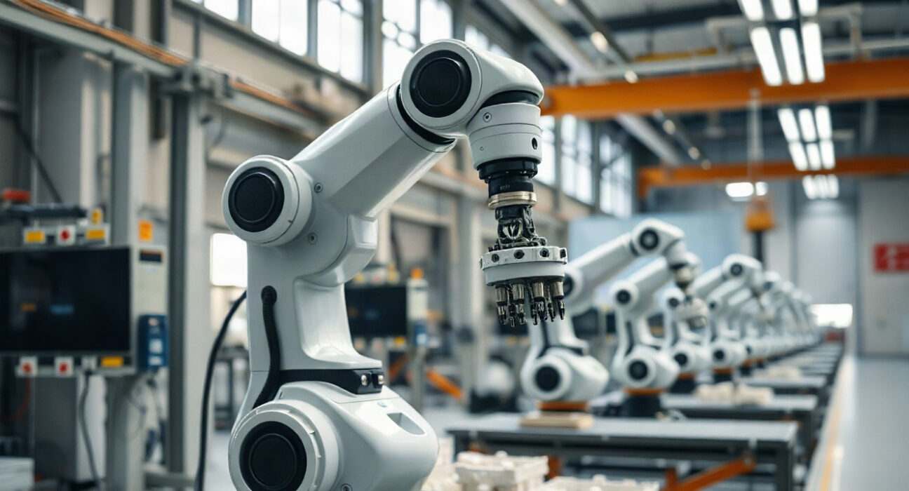 Robotic arm working on a car assembly line in a modern Japanese factory.