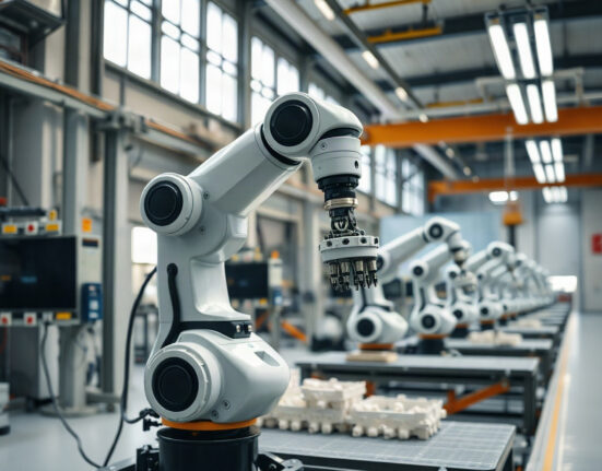 Robotic arm working on a car assembly line in a modern Japanese factory.