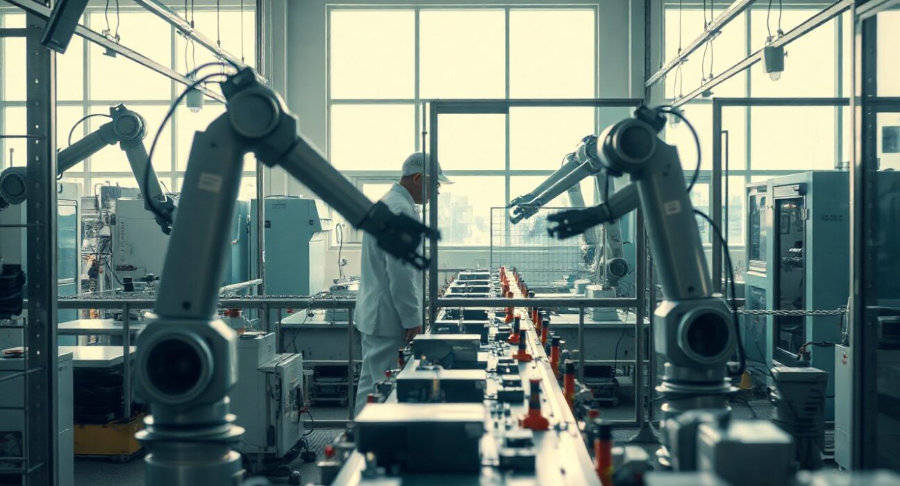 Workers on a modern Japanese factory floor assembling electronic components, representing manufacturing activity.