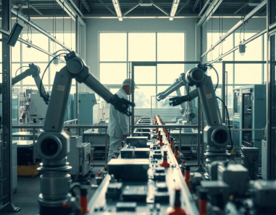 Workers on a modern Japanese factory floor assembling electronic components, representing manufacturing activity.
