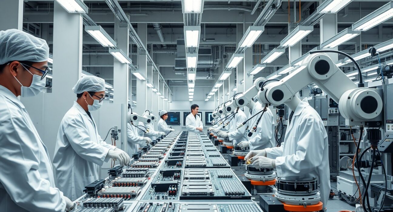 Workers on a modern Japanese factory floor monitoring automated production lines.