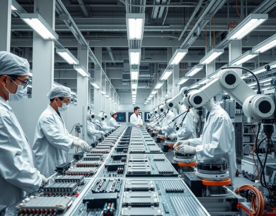Workers on a modern Japanese factory floor monitoring automated production lines.