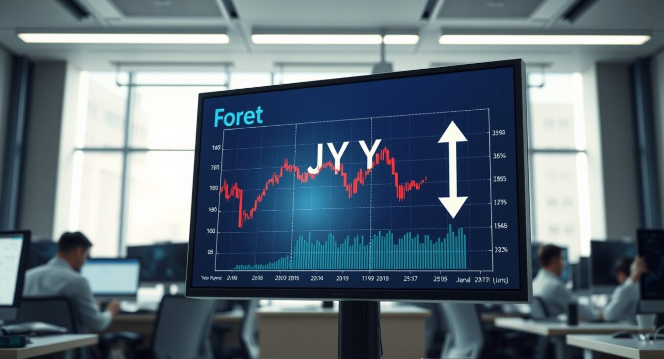 Forex trading screen displaying Japanese yen exchange rate charts in a modern financial office