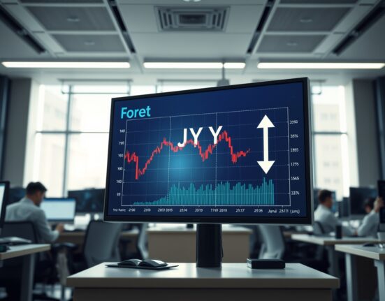 Forex trading screen displaying Japanese yen exchange rate charts in a modern financial office