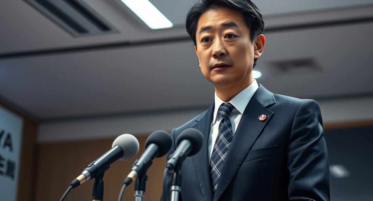 Japanese currency diplomat Atsushi Mimura at a press conference in Tokyo, signaling readiness for FX intervention.