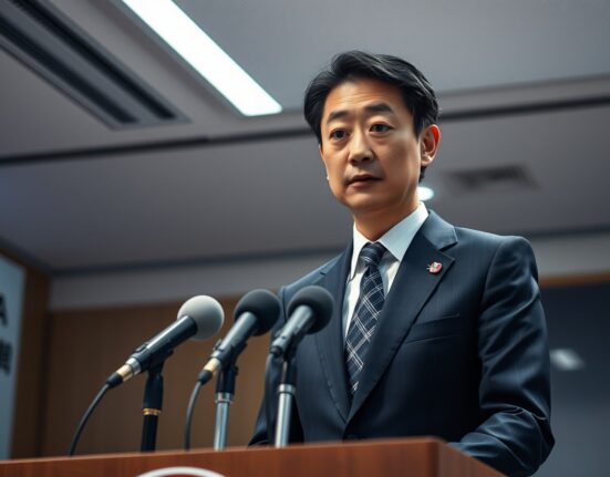 Japanese currency diplomat Atsushi Mimura at a press conference in Tokyo, signaling readiness for FX intervention.