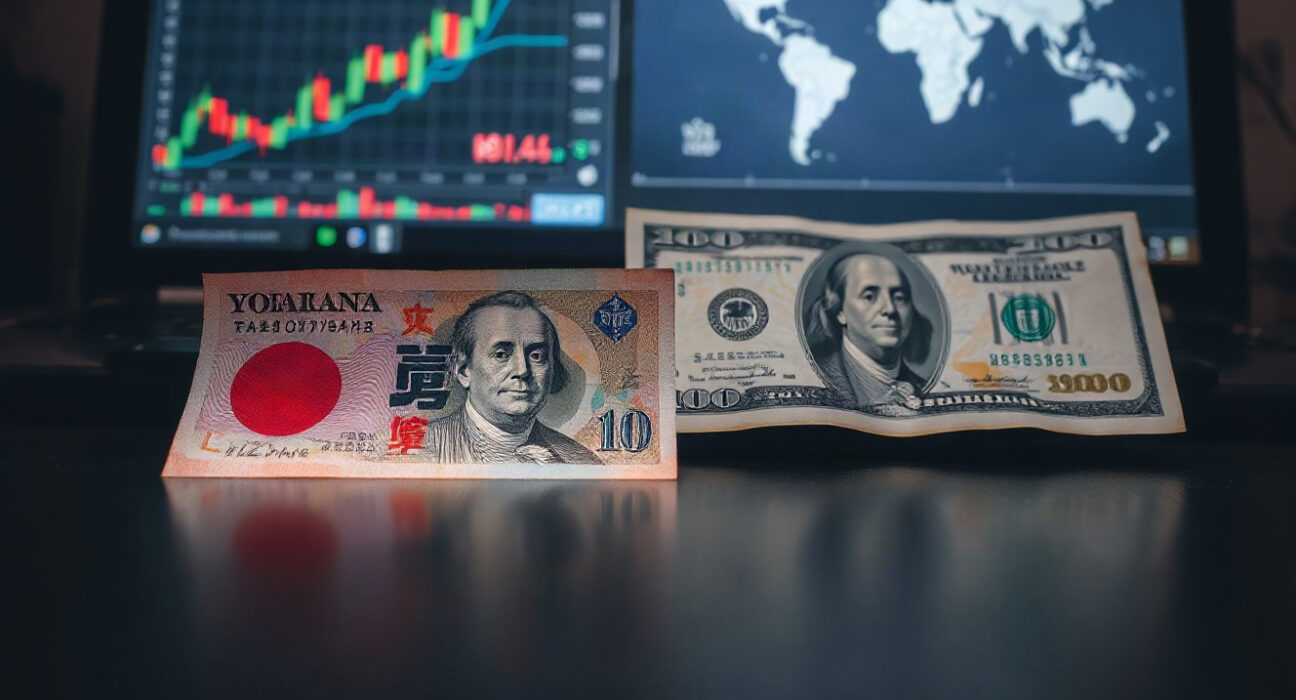 Japanese yen and US dollar banknotes with financial charts in background, representing currency intervention.