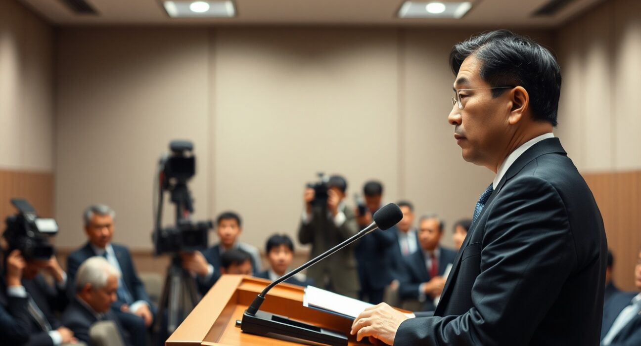 Japan's top currency diplomat Mimura speaking at a press conference in Tokyo