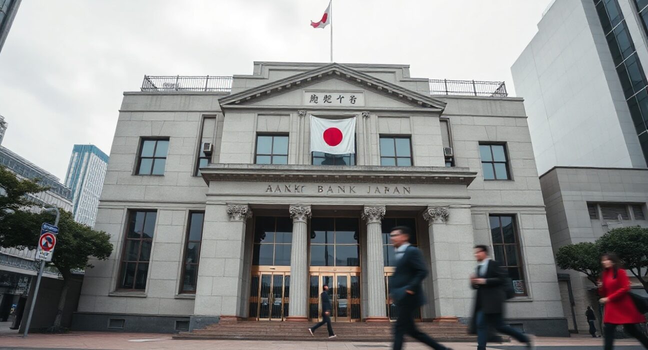 Bank of Japan headquarters in Tokyo under overcast sky, representing monetary policy shifts