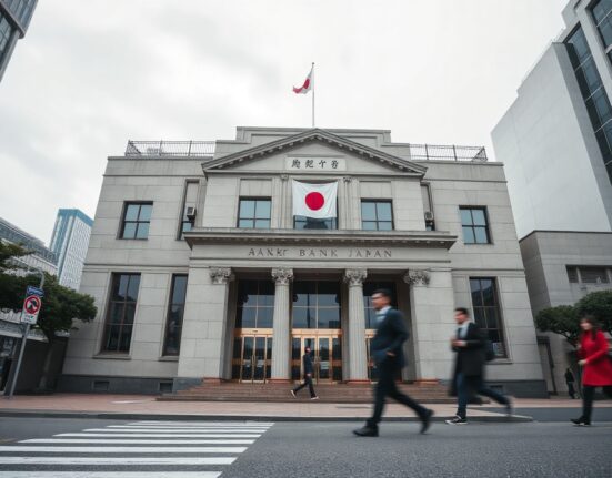 Bank of Japan headquarters in Tokyo under overcast sky, representing monetary policy shifts