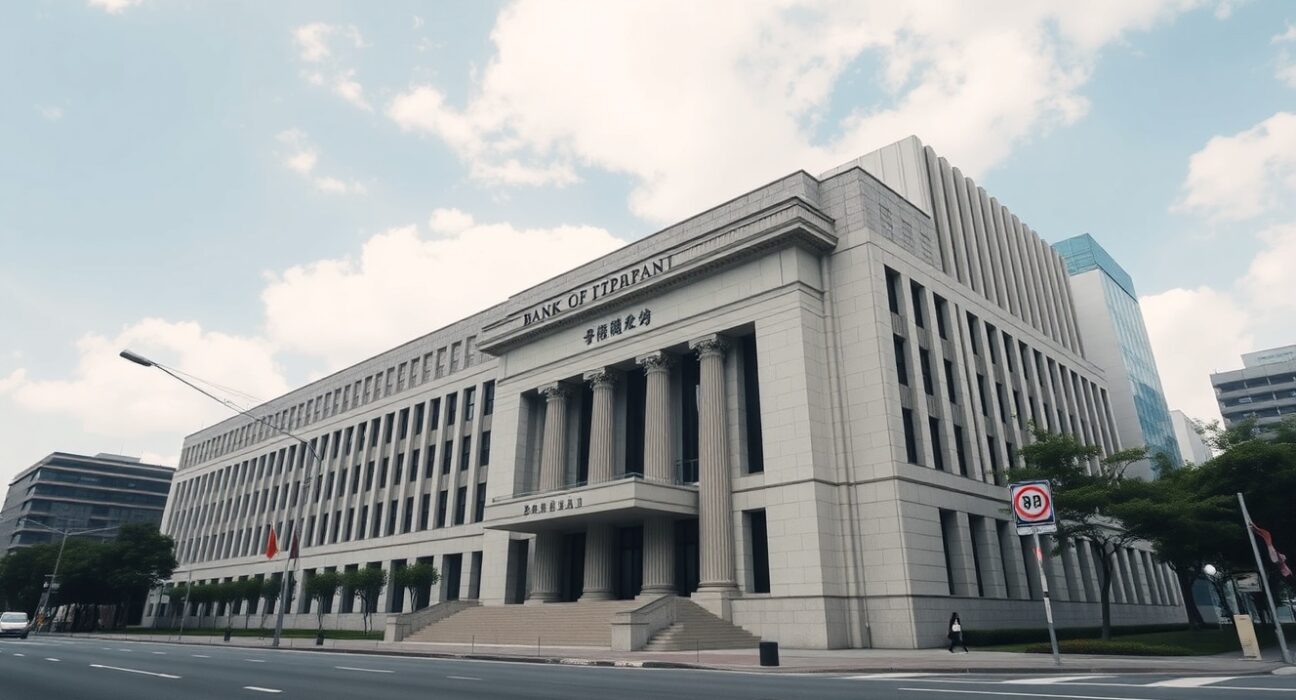 Bank of Japan headquarters in Tokyo on a clear day, representing monetary policy.