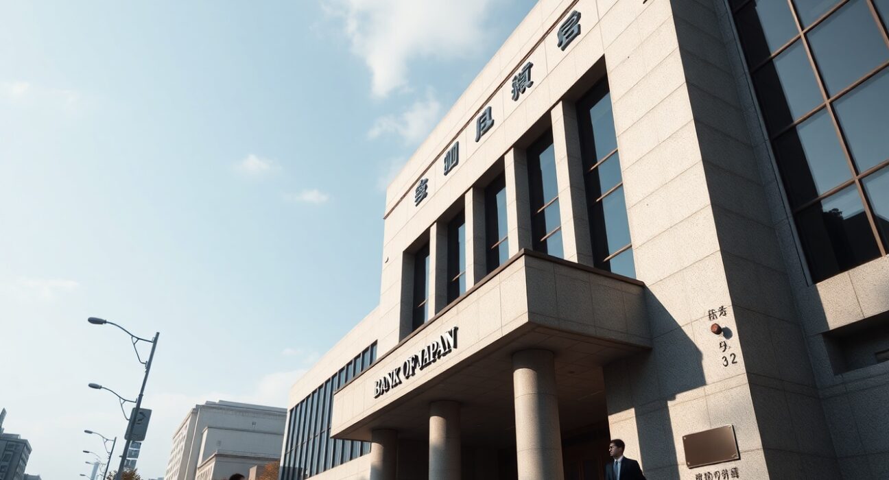 Bank of Japan headquarters building in Tokyo on a clear day, symbolizing monetary policy decision-making.