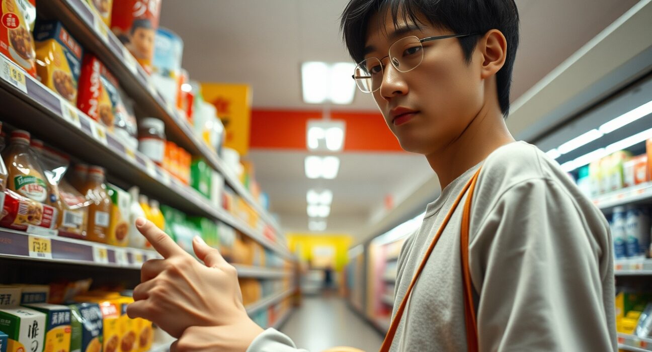 Shopper looking at price tags in a Tokyo supermarket, representing Japan's June 2024 CPI inflation data.