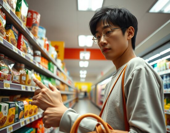 Shopper looking at price tags in a Tokyo supermarket, representing Japan's June 2024 CPI inflation data.