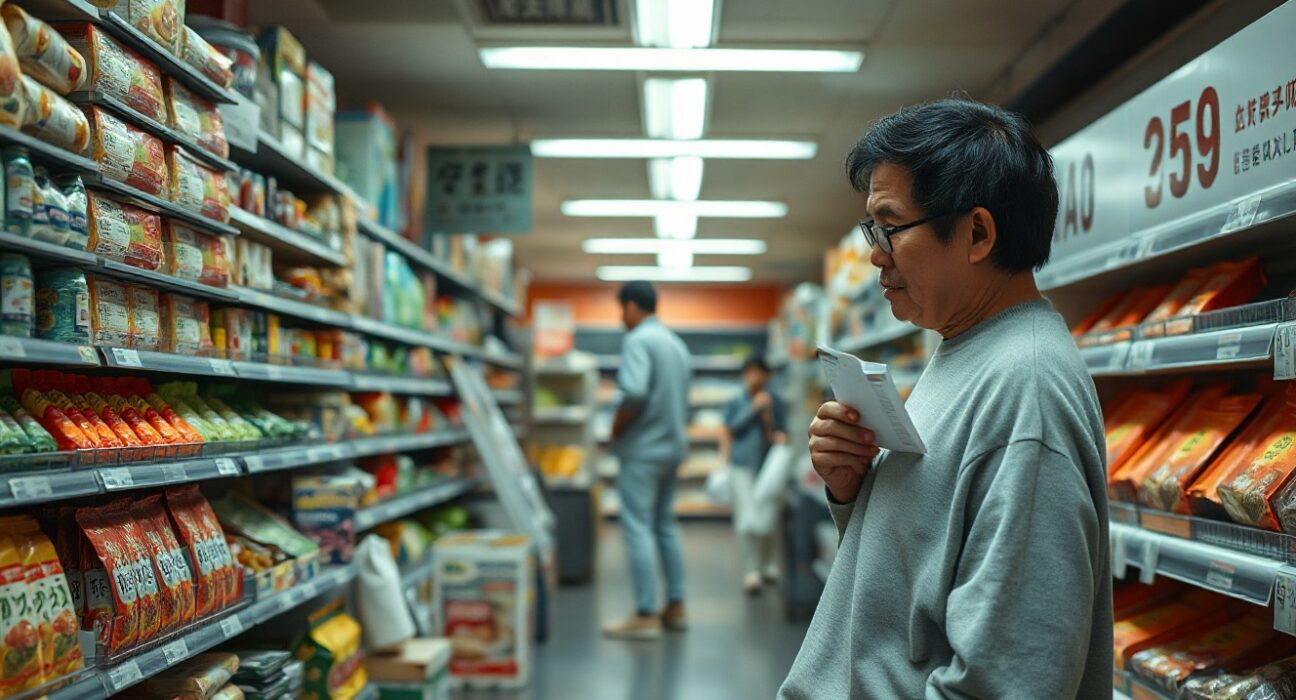 Shopper examining price tags in a Tokyo grocery store, illustrating Japan's May 2026 CPI data.