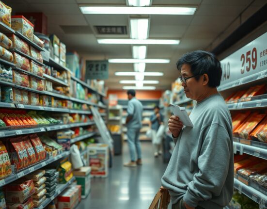 Shopper examining price tags in a Tokyo grocery store, illustrating Japan's May 2026 CPI data.