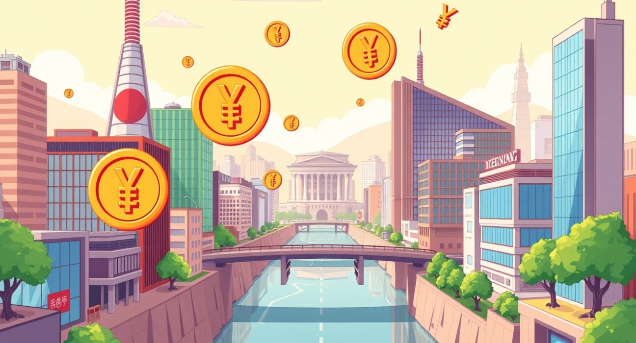 Japan's new crypto regulation division overseeing digital assets in a vibrant cartoon illustration.