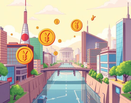 Japan's new crypto regulation division overseeing digital assets in a vibrant cartoon illustration.