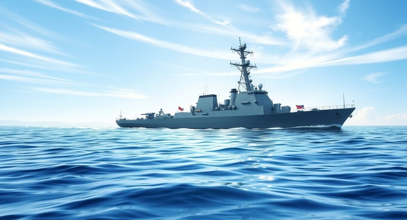 Japanese Maritime Self-Defense Force destroyer at sea, representing Japan's naval policy in the Middle East.