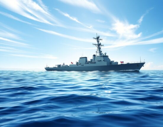 Japanese Maritime Self-Defense Force destroyer at sea, representing Japan's naval policy in the Middle East.