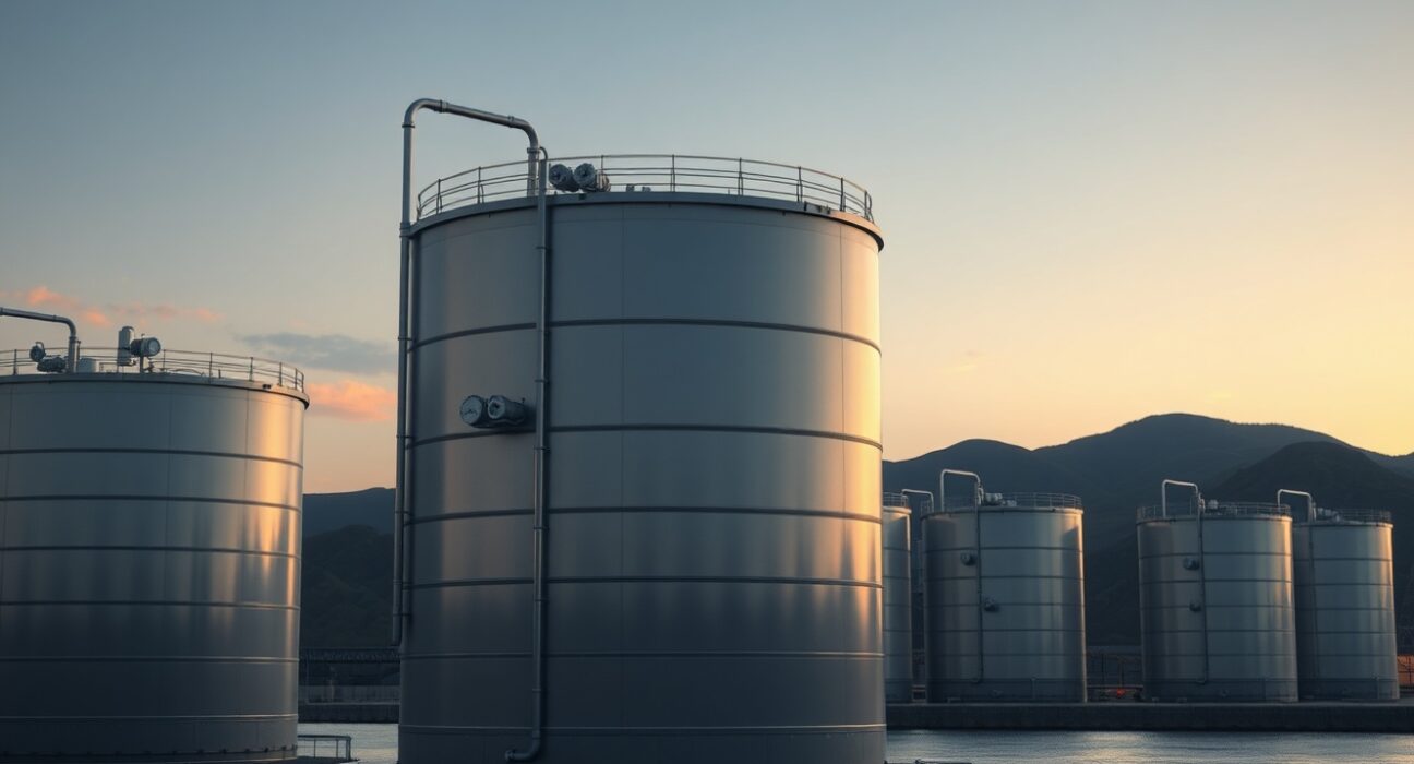 Japan's strategic petroleum reserve storage tanks at a coastal facility, representing the release of 20 days of oil stock.