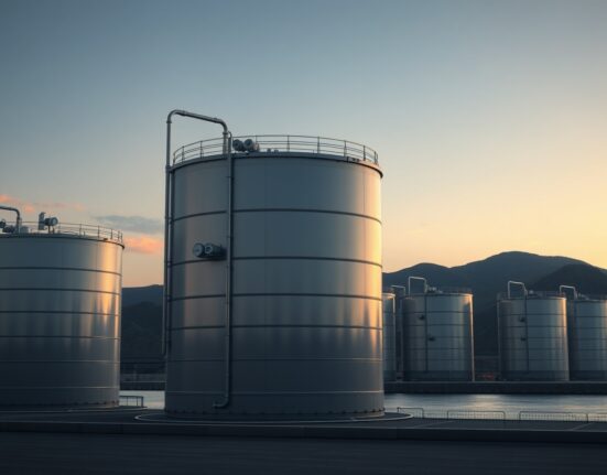 Japan's strategic petroleum reserve storage tanks at a coastal facility, representing the release of 20 days of oil stock.