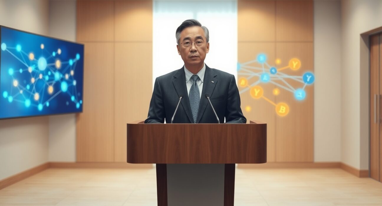 Japanese official at podium with digital blockchain network projection in background