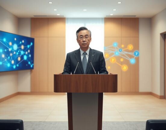 Japanese official at podium with digital blockchain network projection in background