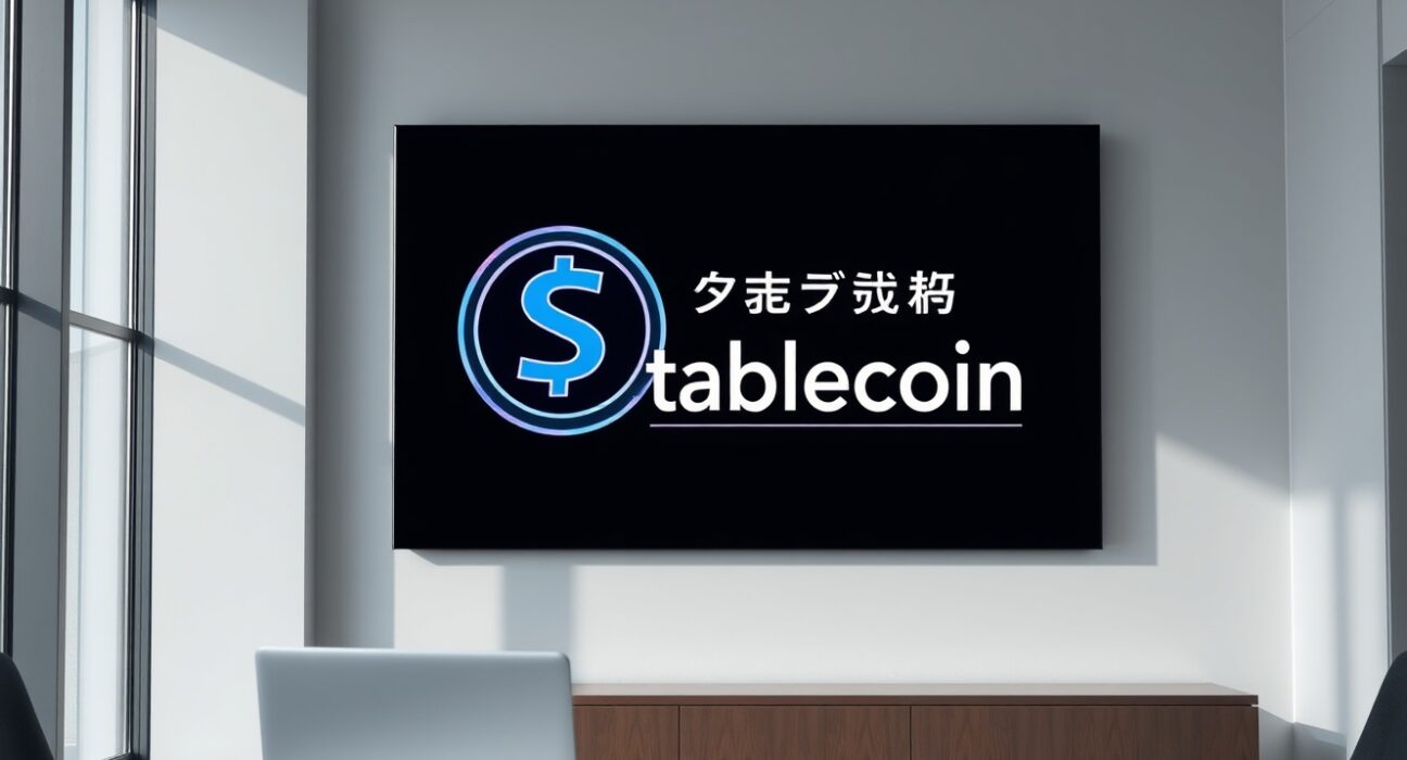 Digital screen in a Tokyo office displaying a stablecoin icon, representing Japan's new regulation on overseas stablecoins.