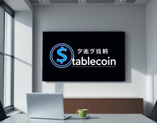 Digital screen in a Tokyo office displaying a stablecoin icon, representing Japan's new regulation on overseas stablecoins.