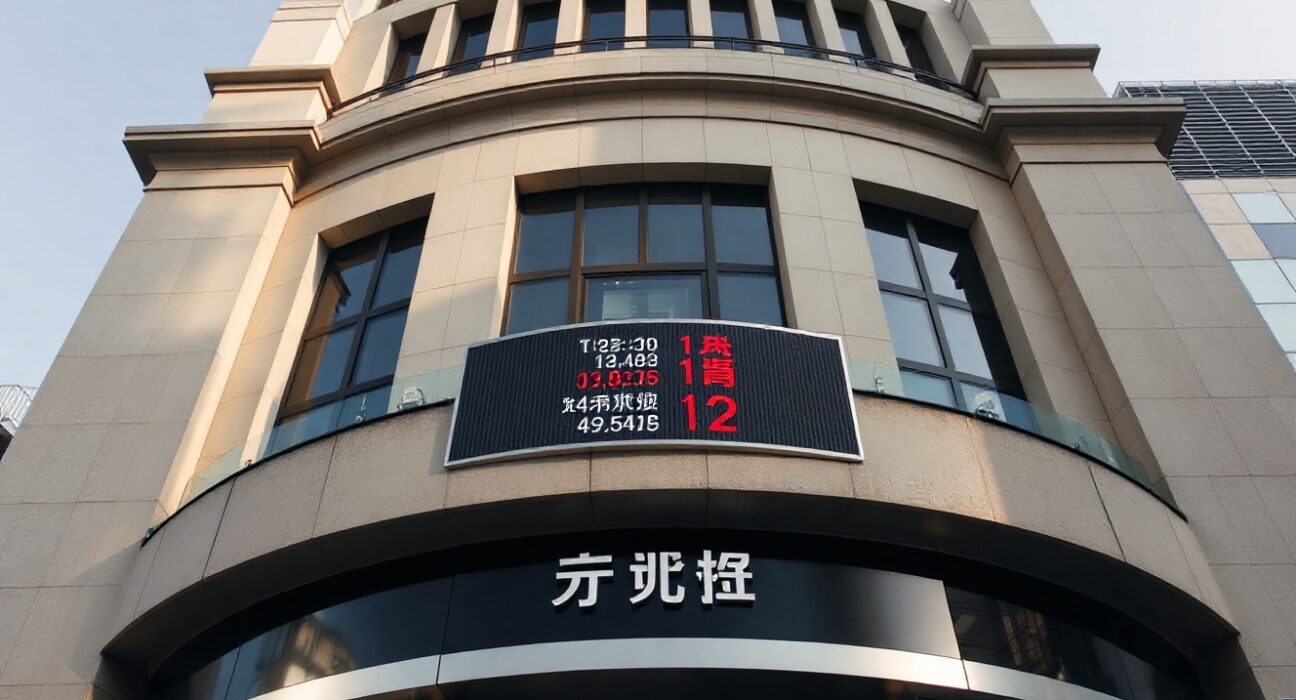 Tokyo Stock Exchange building with digital stock ticker board on a clear day.