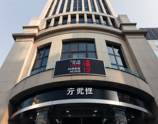 Tokyo Stock Exchange building with digital stock ticker board on a clear day.