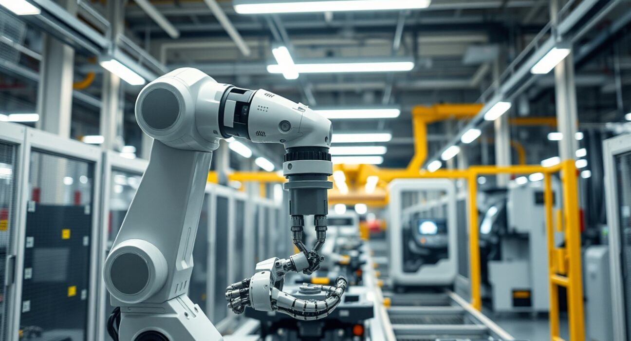 Advanced industrial robot performing assembly in a Japanese factory, representing the physical AI strategy for labor shortages.